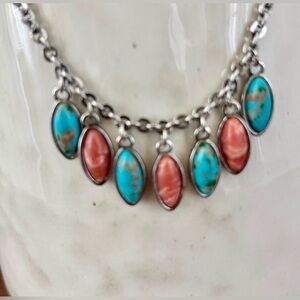 Justin Silvertone chain w/teardrop faux turquoise & coral tone stones,Western